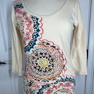 Lucky Brand Sz.S, Scoop Neck Colorful Print 3/4 Sleeve Cream Tee Shirt